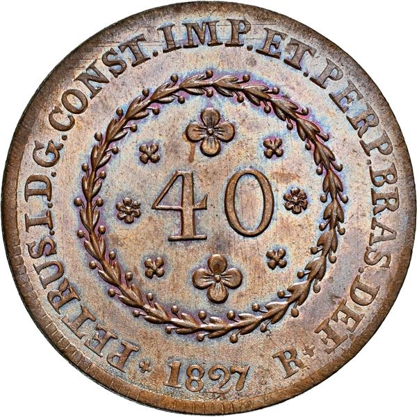 BRAZIL, Rio, copper 40 reis, Pedro I, 1827-R, NGC MS 64 BN, finest known in NGC census.