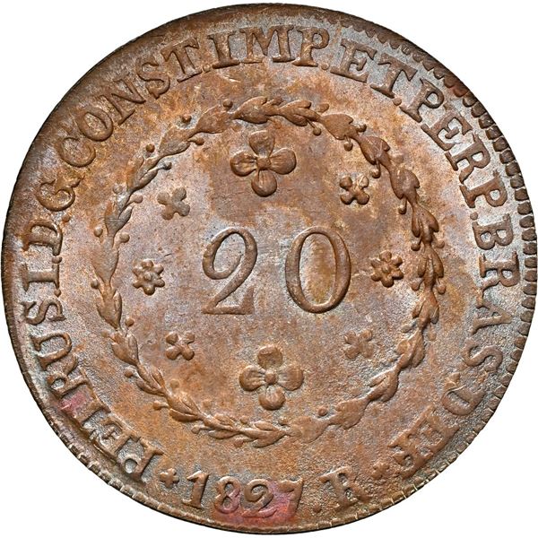 BRAZIL, Rio, copper 20 reis, Pedro I, 1827-R, NGC MS 63 BN, finest known in NGC census.