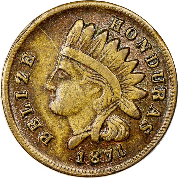 BRITISH HONDURAS, Belize, brass ¼ rial token, 1871, John Jex, NGC AU details / scratches (Richard St