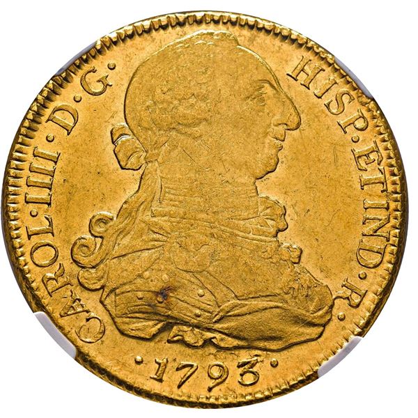 CHILE, Santiago, gold bust 8 escudos, Charles IV (bust of Charles III), 1793 DA, NGC MS 62 (Colecció