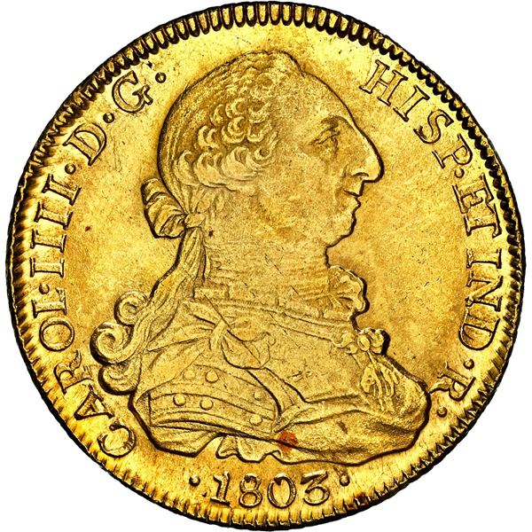 CHILE, Santiago, gold bust 8 escudos, Charles IV (bust of Charles III), 1803 FJ/JJ, rare, NGC MS 65,
