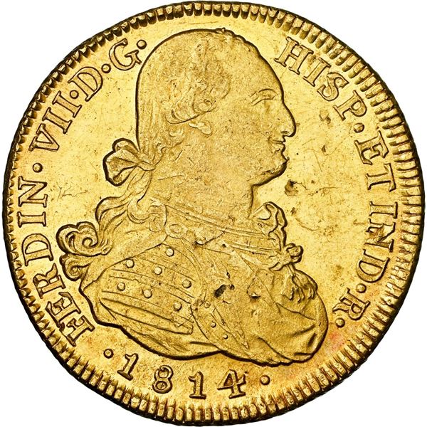CHILE, Santiago, gold bust 8 escudos, Ferdinand VII (bust of Charles IV), 1814 FJ, NGC MS 62.