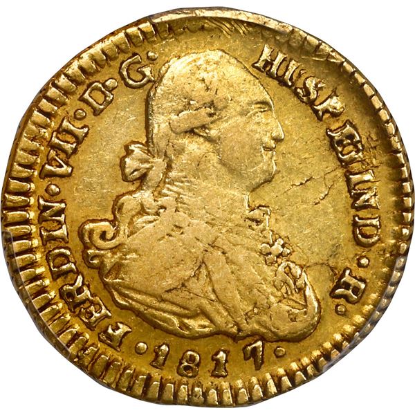 CHILE, Santiago, gold 1 escudo, Ferdinand VII (bust of Charles IV), 1817 FJ, PCGS XF40, finest and o
