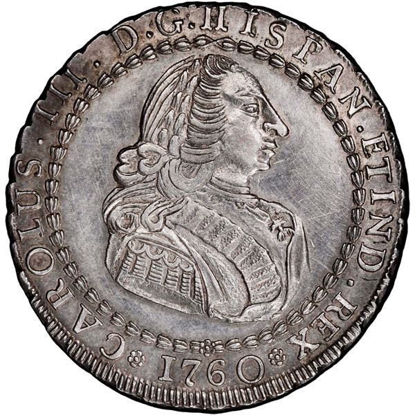 CHILE, Santiago, 8 reales-sized proclamation medal, Charles III, 1760, by A. Tapia, rare, PCGS MS61,