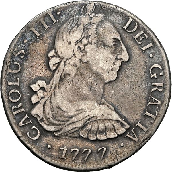CHILE, Santiago, bust 8 reales, Charles III, 1777 DA, very rare, NGC VF 25 (Colección Val y Mexía La