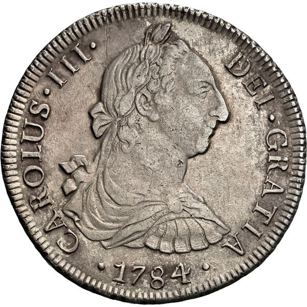 CHILE, Santiago, bust 8 reales, Charles III, 1784 DA, large over small mintmark, very rare, NGC XF d