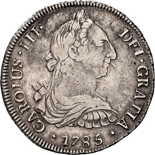 CHILE, Santiago, bust 8 reales, Charles III, 1785/4 DA, very rare, NGC VF 20 (Colección Val y Mexía 