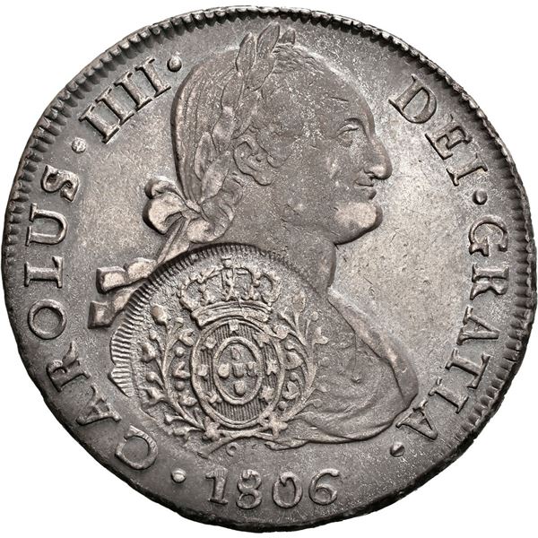 CHILE, Santiago, bust 8 reales, Charles IV, 1806 FJ, with Minas Gerais (Brazil) 960 reis counterstam