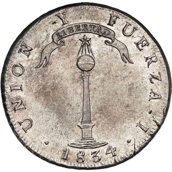 CHILE, Santiago, "volcano" peso, 1834 I, NGC MS 62, "top pop."