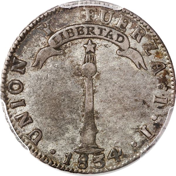 CHILE, Santiago, "volcano" 2 reales, 1834 IJ, PCGS XF40, ex-Val y Mexía.