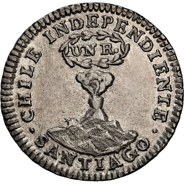 CHILE, Santiago, "volcano" 1 real, 1834 IJ, NGC AU 58 (Colección Val y Mexía Label).