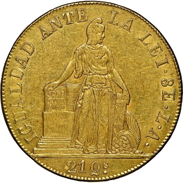 CHILE, Santiago, gold 8 escudos, 1850 LA, MARZO on edge, NGC AU 53.