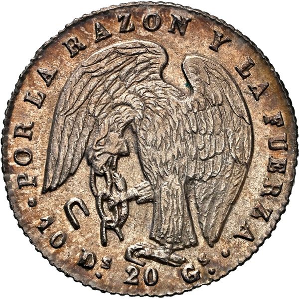 CHILE, Santiago, 1 real, 1845 IJ, NGC MS 64 (Colección Val y Mexía Label).