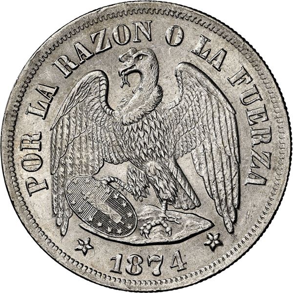CHILE, Santiago, "condor" peso, 1874, NGC MS 62+ (Colección Val y Mexía Label).