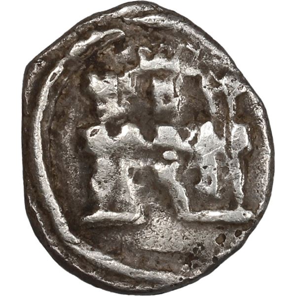 COLOMBIA, Bogotá, cob ¼ real, Philip IV, no assayer (1649-65), castle with tilted doorway / ball-tai