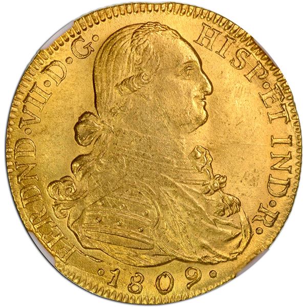 COLOMBIA, Bogotá, gold bust 8 escudos, Ferdinand VII (bust of Charles IV), 1809 JF, NGC MS 63.