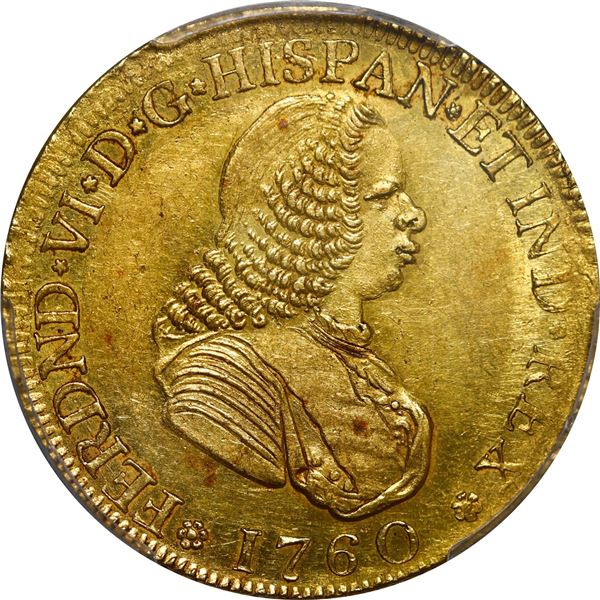 COLOMBIA, Popayán, gold bust 4 escudos, Ferdinand VI, 1760 J, posthumous issue, rare, PCGS AU55, fin