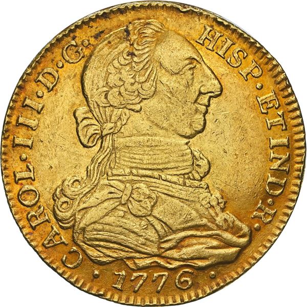 COLOMBIA, Bogotá, gold bust 4 escudos, Charles III, 1776 JJ/VJ, rare, NGC AU 55, finest and only exa