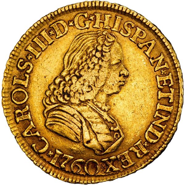 COLOMBIA, Bogotá, gold bust 2 escudos, Charles III (bust of Ferdinand VI), 1760 JV, rare, PCGS AU55,