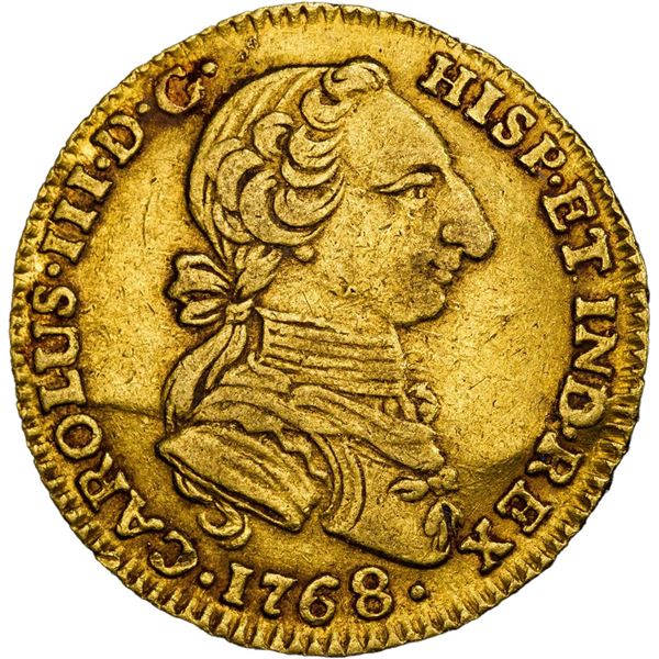 COLOMBIA, Bogotá, gold bust 2 escudos, Charles III ("rat nose" bust), 1768 JV, PCGS XF45.