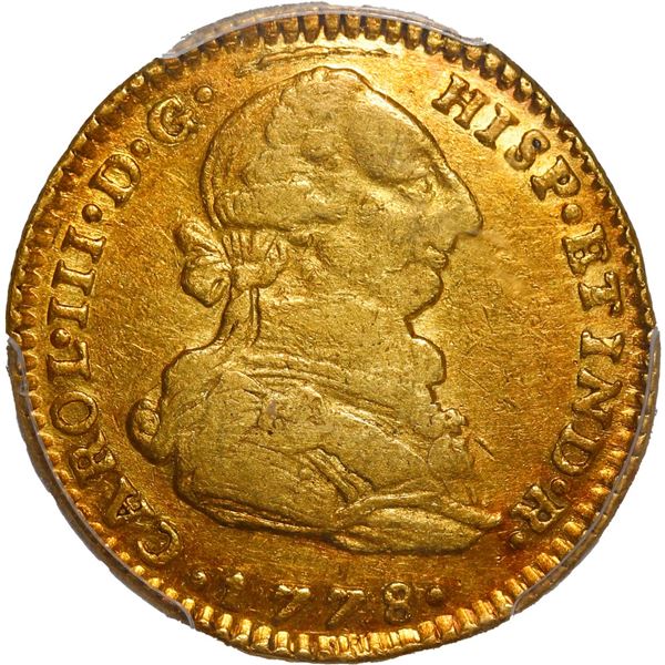 COLOMBIA, Bogotá, gold bust 2 escudos, Charles III, 1778 JJ, PCGS AU53, ex-Eldorado.