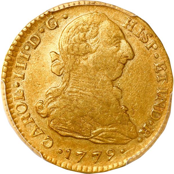 COLOMBIA, Popayán, gold bust 2 escudos, Charles III, 1779 SF, PCGS AU50.