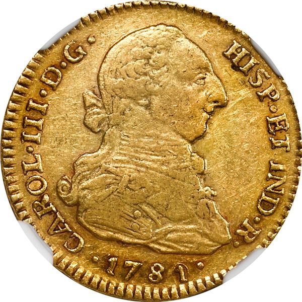 COLOMBIA, Popayán, gold bust 2 escudos, Charles III, 1781/0 SF, NGC XF 40.
