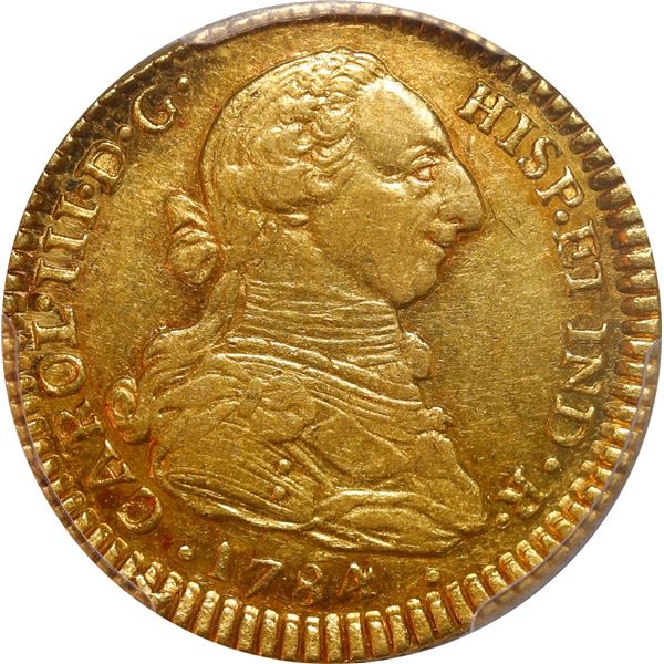 COLOMBIA, Popayán, gold bust 2 escudos, Charles III, 1784 SF, PCGS AU55, finest known in PCGS census