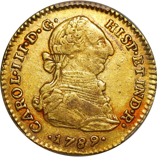 COLOMBIA, Bogotá, gold bust 2 escudos, Charles III, 1789/79 JJ, rare, PCGS XF40, finest and only exa