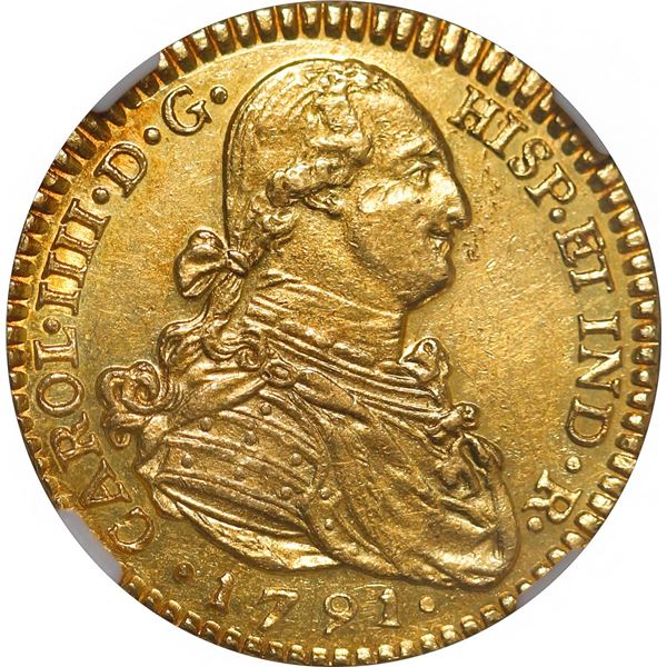 COLOMBIA, Popayán, gold bust 2 escudos, Charles IV, 1791 SF, NGC MS 61, finest known in NGC census.