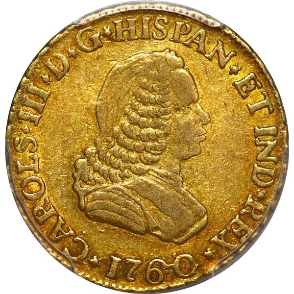 COLOMBIA, Popayán, gold bust 1 escudo, Charles III (bust of Ferdinand VI), 1760 SF, PCGS XF45.