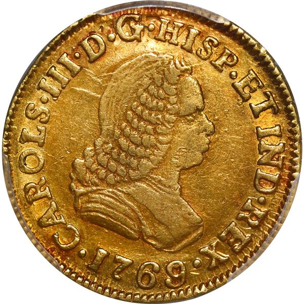 COLOMBIA, Popayán, gold bust 1 escudo, Charles III (bust of Ferdinand VI), 1769/7 J, PCGS AU50, fine