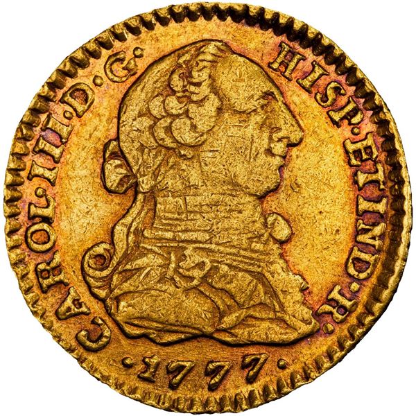COLOMBIA, Bogotá, gold bust 1 escudo, Charles III, 1777 JJ, PCGS XF45, finest and only example in PC