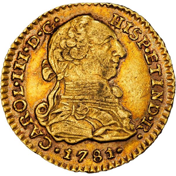 COLOMBIA, Bogotá, gold bust 1 escudo, Charles III, 1781 JJ, PCGS XF45, finest and only example in PC