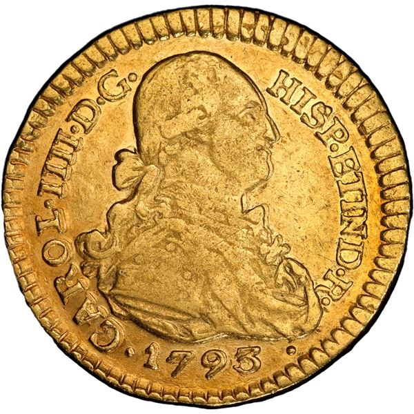 COLOMBIA, Popayán, gold bust 1 escudo, Charles IV, 1793 JF, PCGS AU50.
