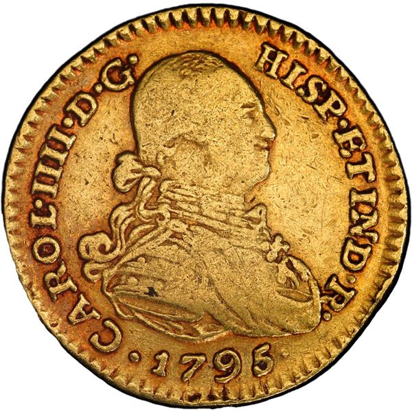 COLOMBIA, Bogotá, gold bust 1 escudo, Charles IV, 1795 JJ, PCGS VF30, finest and only example in PCG