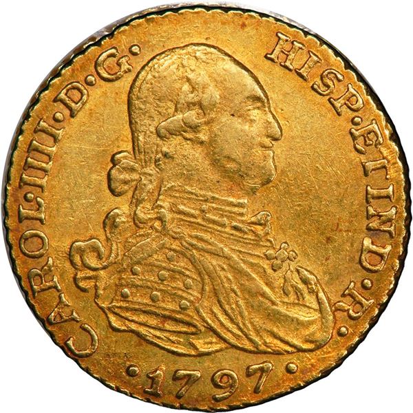 COLOMBIA, Bogotá, gold bust 1 escudo, Charles IV, 1797 JJ, PCGS AU58, "top pop."