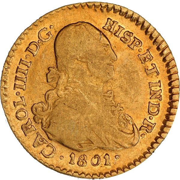 COLOMBIA, Popayán, gold bust 1 escudo, Charles IV, 1801 JF, PCGS VF30.