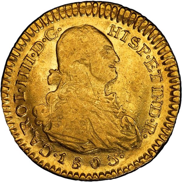 COLOMBIA, Popayán, gold bust 1 escudo, Charles IV, 1803 JF, PCGS AU50.