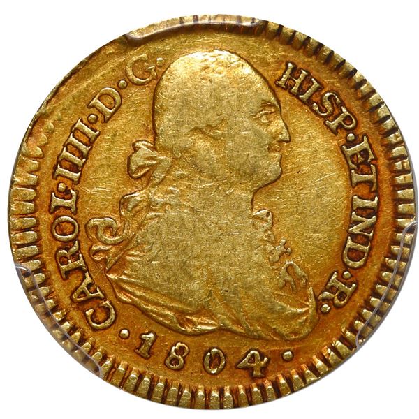 COLOMBIA, Popayán, gold bust 1 escudo, Charles IV, 1804 JT, PCGS VF30, finest and only example in PC