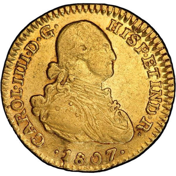 COLOMBIA, Bogotá, gold bust 1 escudo, Charles IV, 1807 JJ, PCGS XF40.