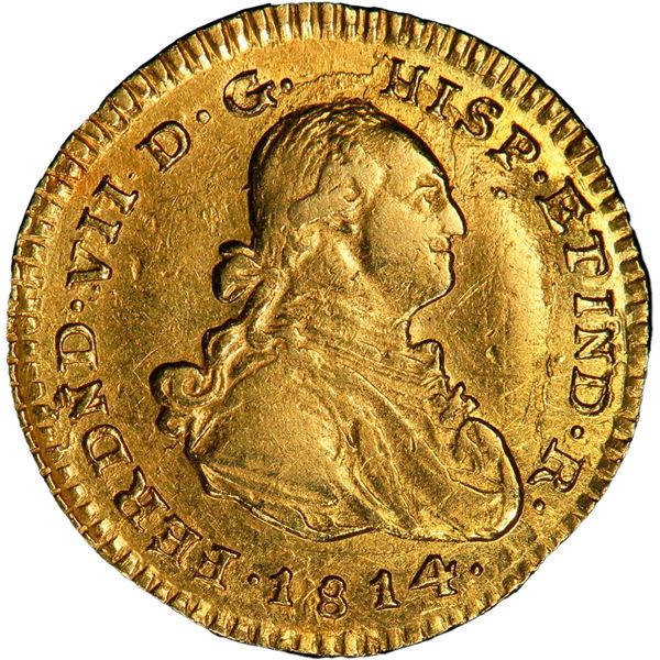 COLOMBIA, Popayán, gold bust 1 escudo, Ferdinand VII (bust of Charles IV), 1814 JF, PCGS AU50.