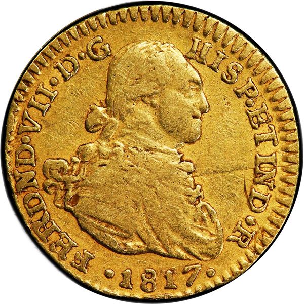 COLOMBIA, Bogotá, gold bust 1 escudo, Ferdinand VII (bust of Charles IV), 1817 JF, second 1 over 7 i
