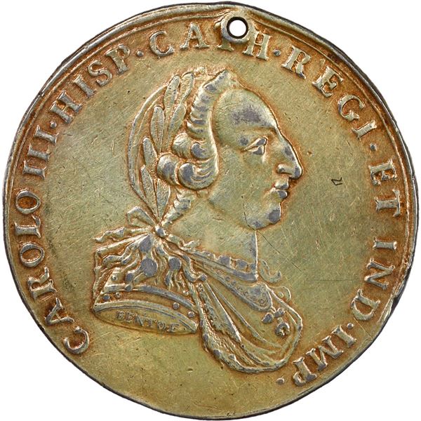 COLOMBIA, Bogotá, 8 reales-sized proclamation medal, Charles III, 1760, eagle facing left, rare, MHE
