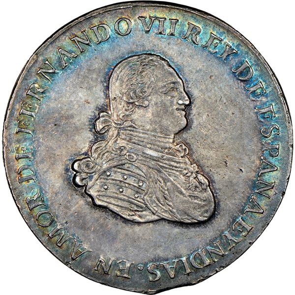 COLOMBIA, Bogotá, 8 reales-sized proclamation medal, Ferdinand VII, 1808, rare, NGC AU 58, ex-Santan