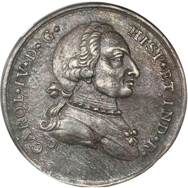 COLOMBIA, Cartagena, 4 reales-sized proclamation medal, Charles IV (bust of Charles III), 1789, meda