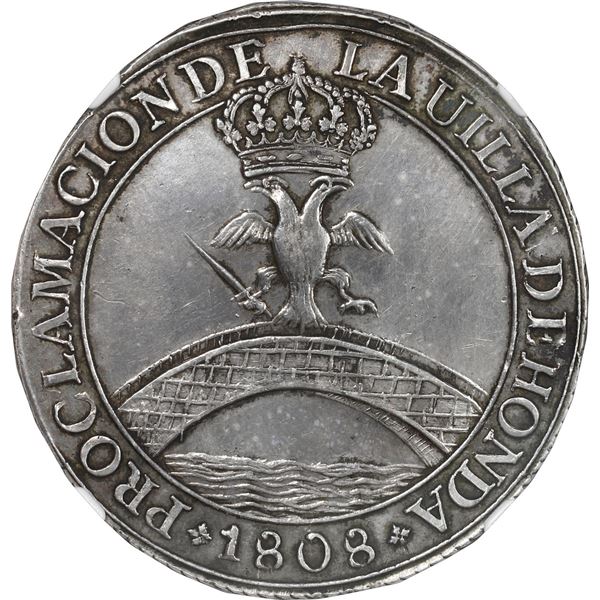 COLOMBIA, Honda, 4 reales-sized proclamation medal, Ferdinand VII, 1808, corded edge, rare, NGC AU d
