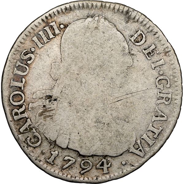 COLOMBIA, Bogotá, bust 2 reales, Charles IV, 1794/3 J•J, rare, NGC G 6, finest and only exa
