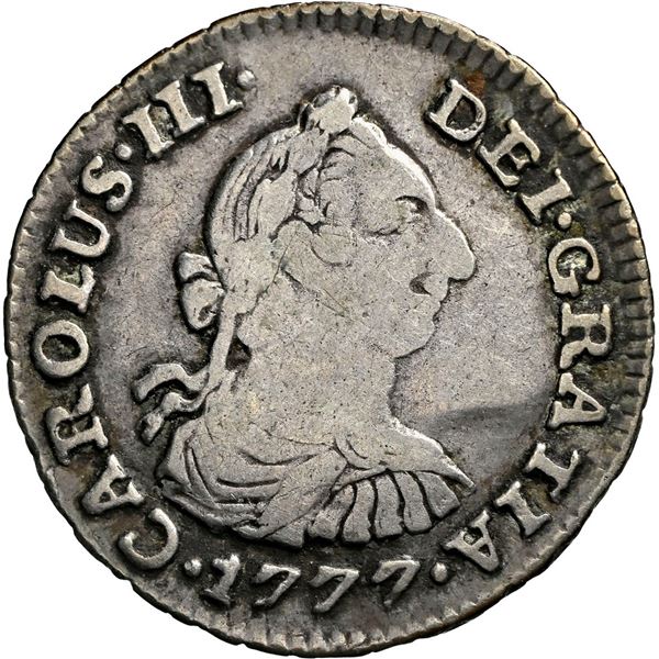 COLOMBIA, Bogotá, bust ½ real, Charles III, 1777 JJ, very rare, NGC F 15, finest known in NGC census