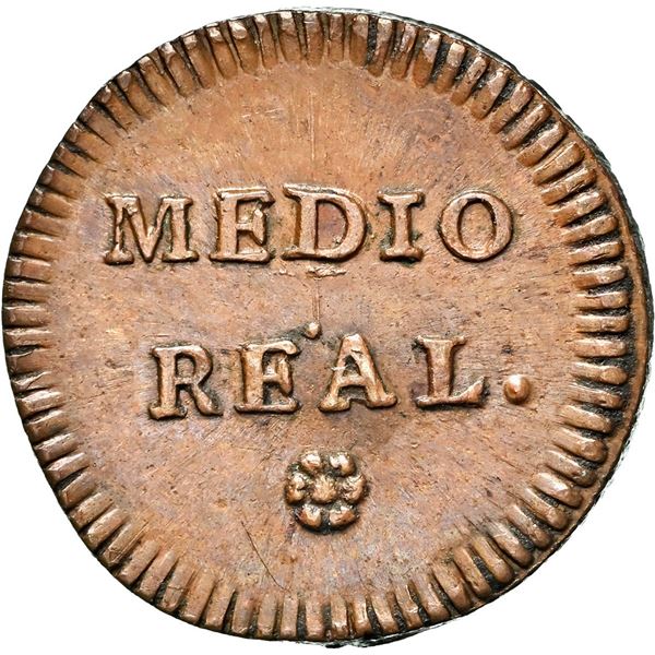 COLOMBIA, Popayán, copper provisional ½ real, Ferdinand VII, 1813, very rare, NGC MS 64 BN, finest k